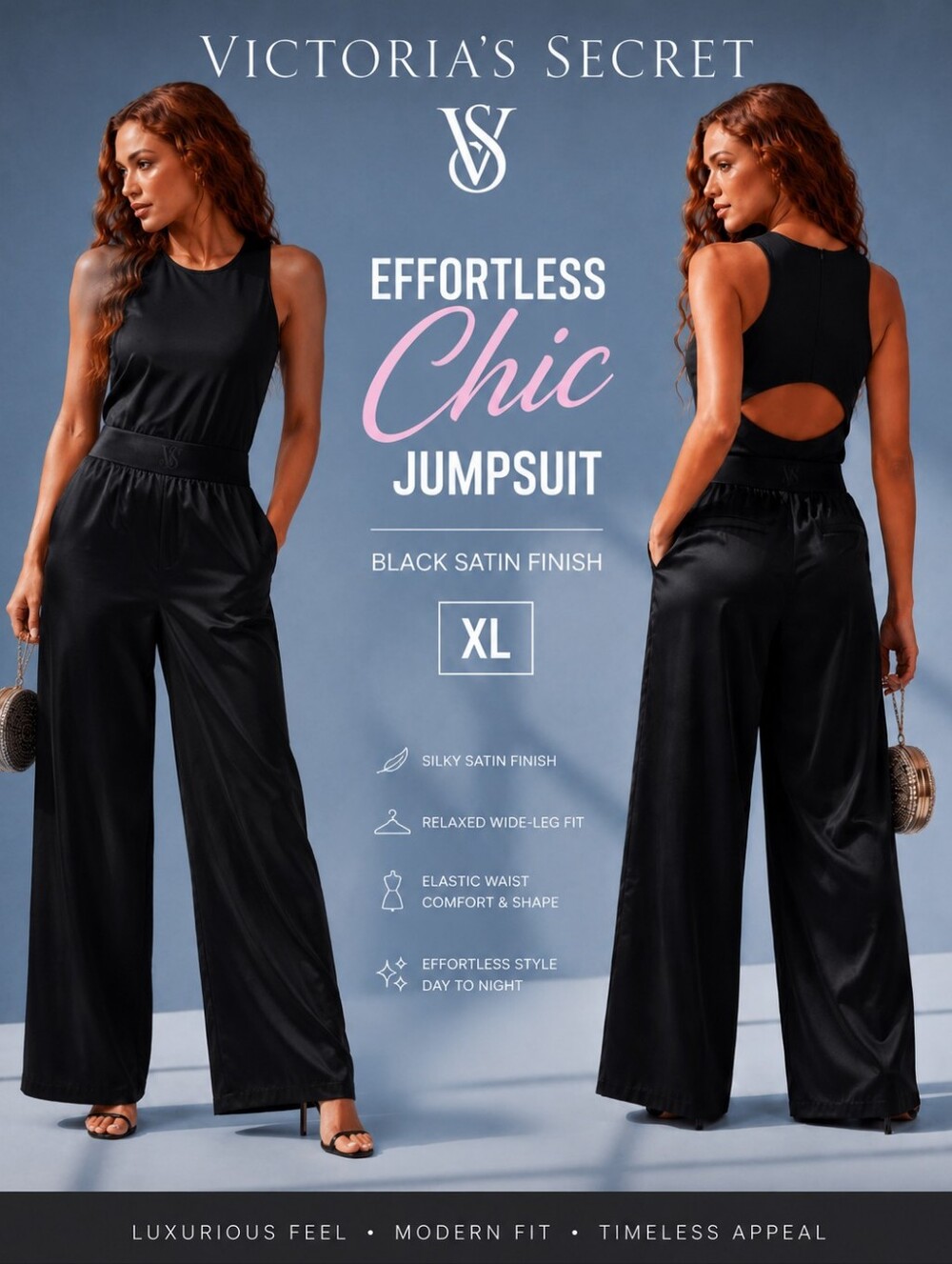 Victoria’s Secret Effortless Chic Jumpsuit | Black Satin Finish | XL